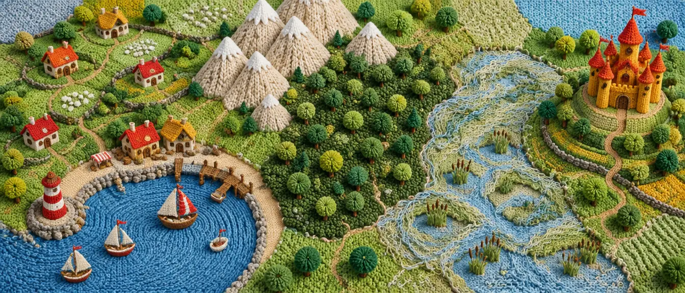 Peta rajutan dari atas: lembah hijau, teluk biru, puncak tusuk cable, hutan seed stitch, rawa yang terurai, dan istana di ujung kanan.